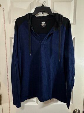 Route 66 Mens Blue Black Colorblock Hooded Henley Shirt Hoodie Pullover XL